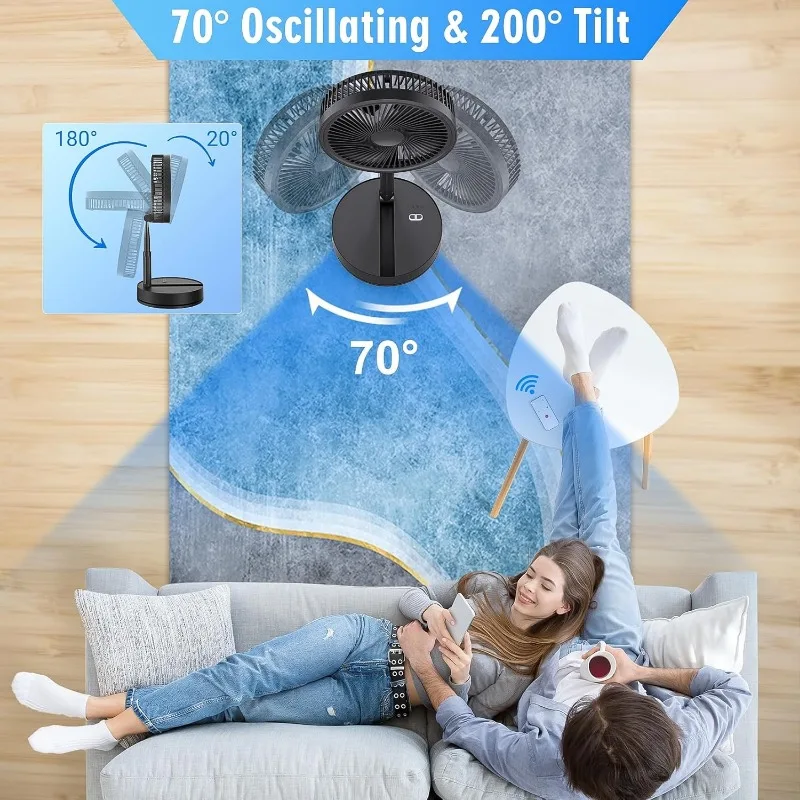 Ventilador oscilante plegable y recargable, dispositivo portátil de 9 pulgadas, 7200mah, funciona con batería, USB C, pequeño, remoto, silencioso