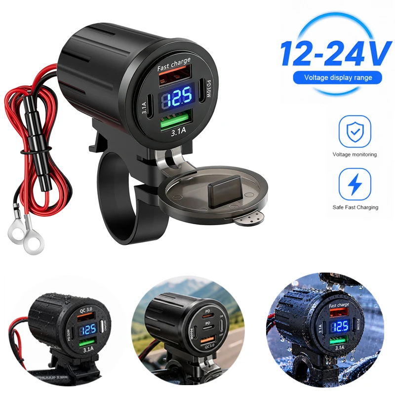 12V-24V Handlebar Mounting Chargers QC3.0 PD Motorcycle Charger Adapter Socket Outlet Fast Charging Waterproof Power Adapter