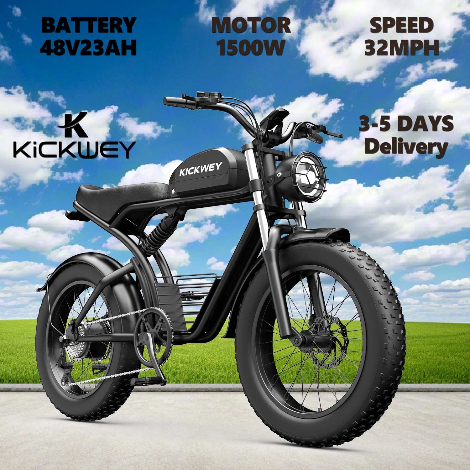 

Kickwey K7 Adult Electric Bicycle 1500W Motor 7-Speed Dual Disc Brakes Full Suspension Ebike 20x4 Wide Tire Electric Bike