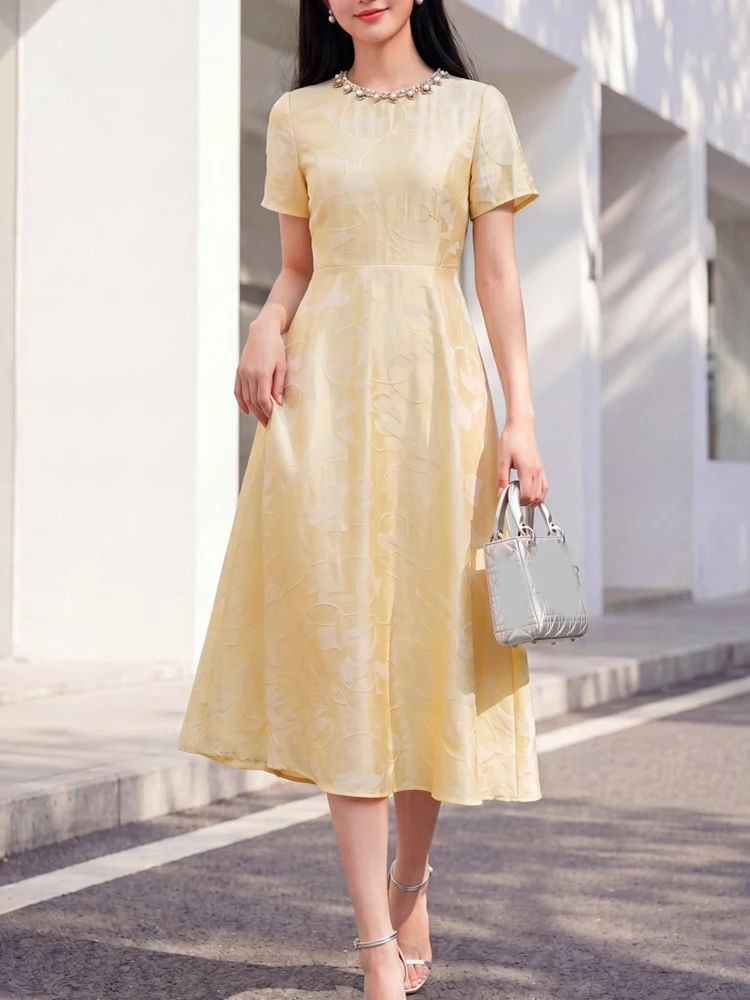 JUNLINNA Women Summer Dress High Street O-Neck Rhinestone Beading Sliming Vestidos Jacquard Fashion Party Holiday
