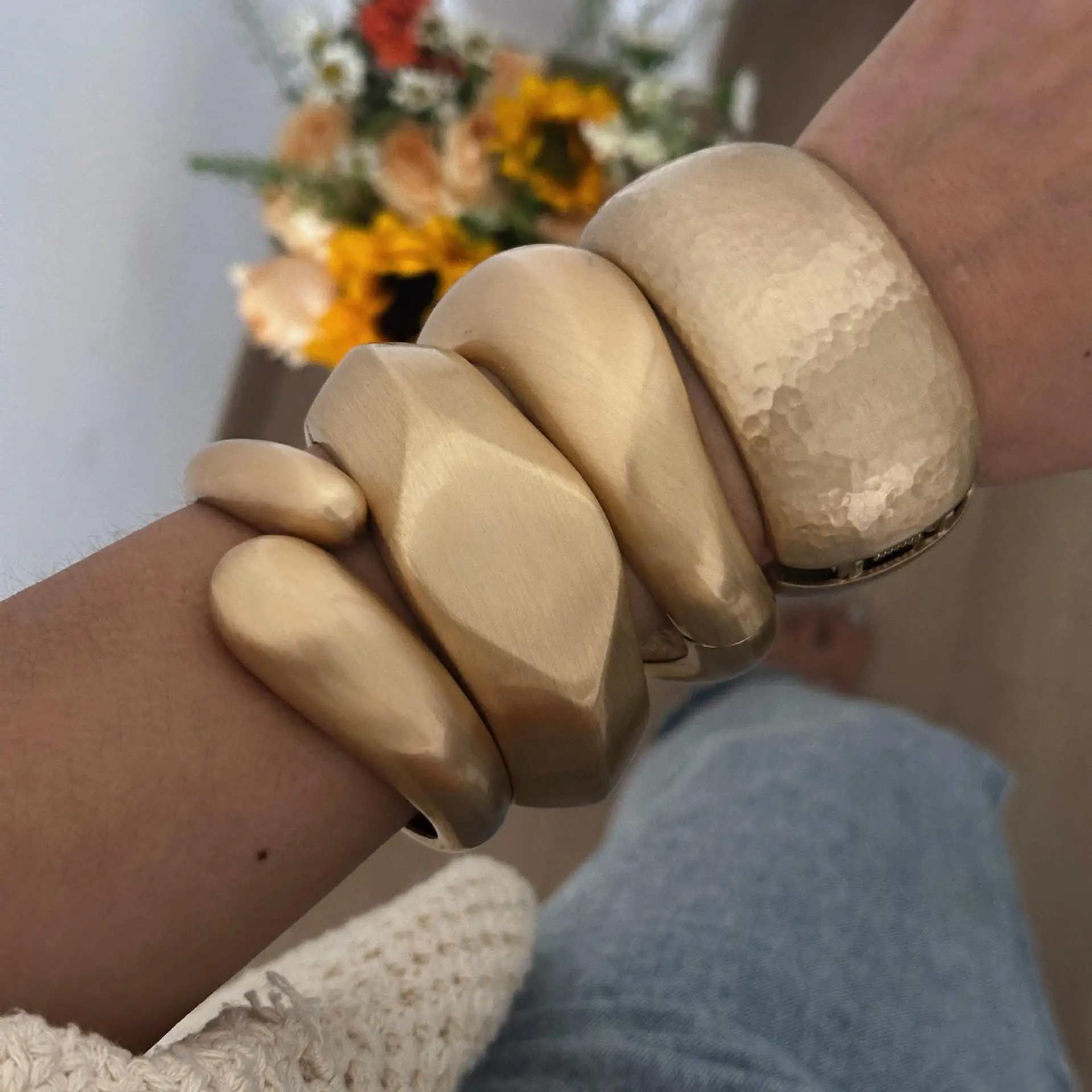 Classic Vintage Matte Irregular Heavy Metal Chunky Wide Cuff Bangles Women Punk Gold Color Spring Bracelets Men Jewelry ﻿