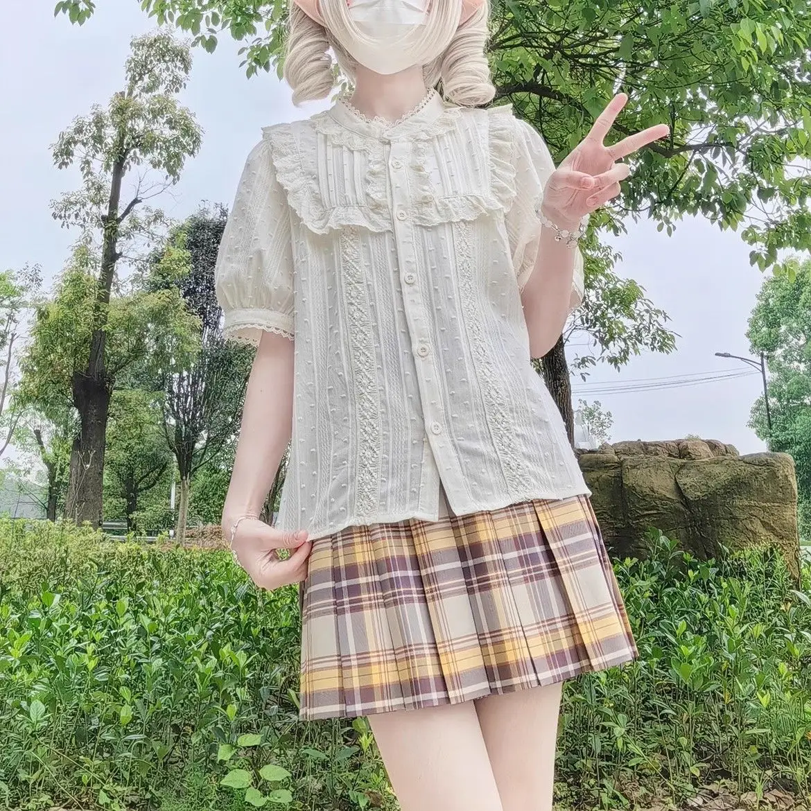 

Japanese Cute Sweet Girl Puff Sleeves Lace Peter Pan Collar Short Sleeved Shirt Summer New Lolita All Match Blouse Women Y2k Top