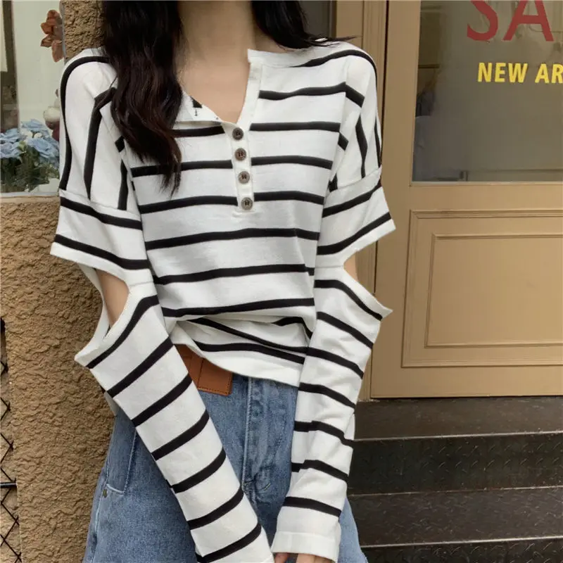 V Neck Striped Y2K Tops Tees Spring Summer New Long Sleeve Hollow Out Loose Button Trend T Shirts Fashion Casual Women Clothing