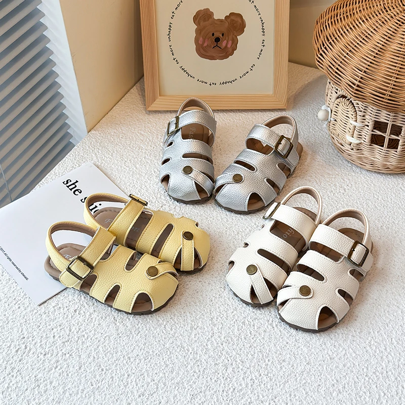 

Kids Leather Cage Sandals for Girls 2025 Summer Non-slip Sole Toddler Beach Vacation Shoes Lightweight Simple Chic Barefoot Wear
