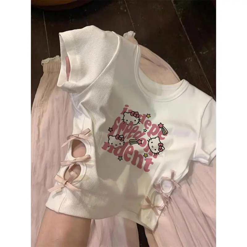

Топ из чистого хлопка Hello Kitty, футболка с коротким рукавом и бантом для девочек, летняя одежда для девочек, новый короткий вырез принцессы в западном стиле