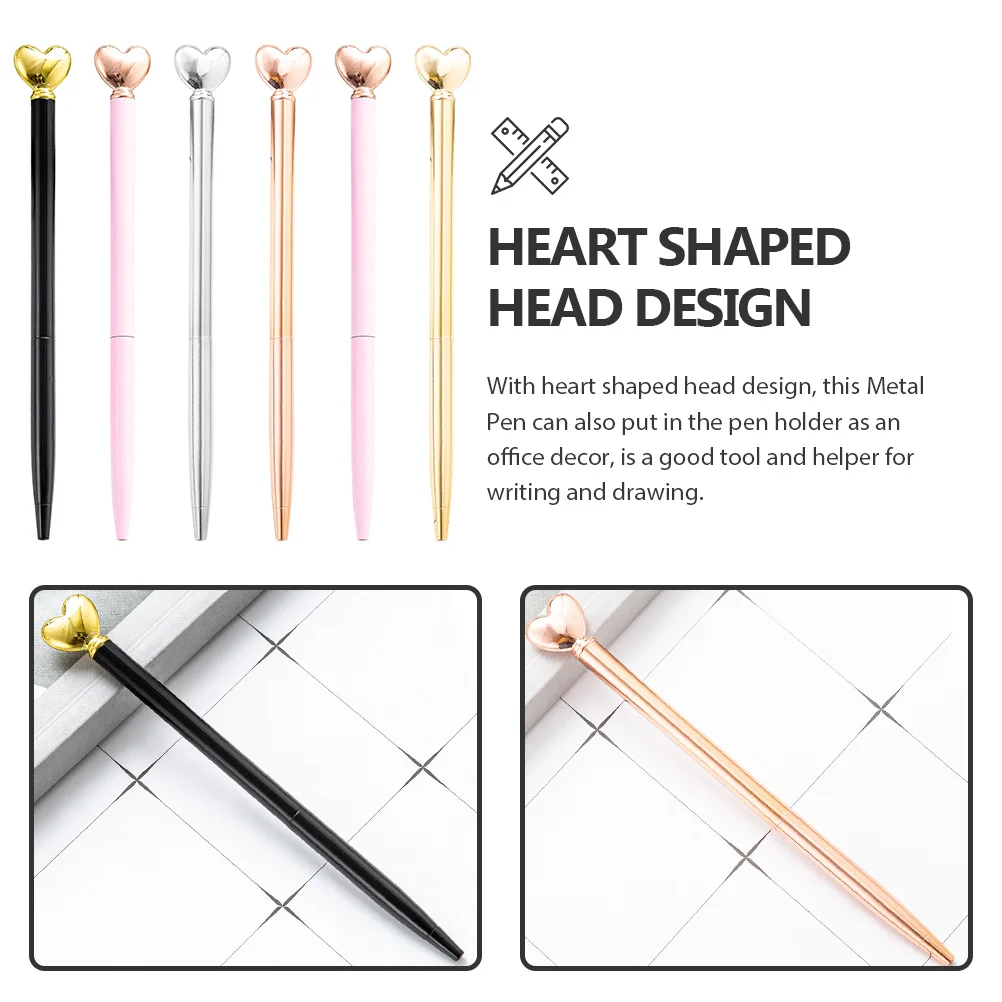 

6Pcs Smooth Writing Heart Shape Metal Pens Leakproof Ink Portable Lightweight Ballpoint Pens for Students Office Home Use