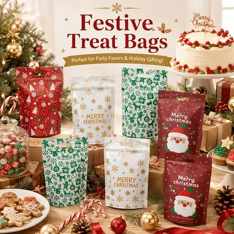 50Pcs Resealable Christmas Zip Lock Bags 50PCS Clear Christmas Plastic Sealing Bags With Handles For Xmas Holiday Party Candy