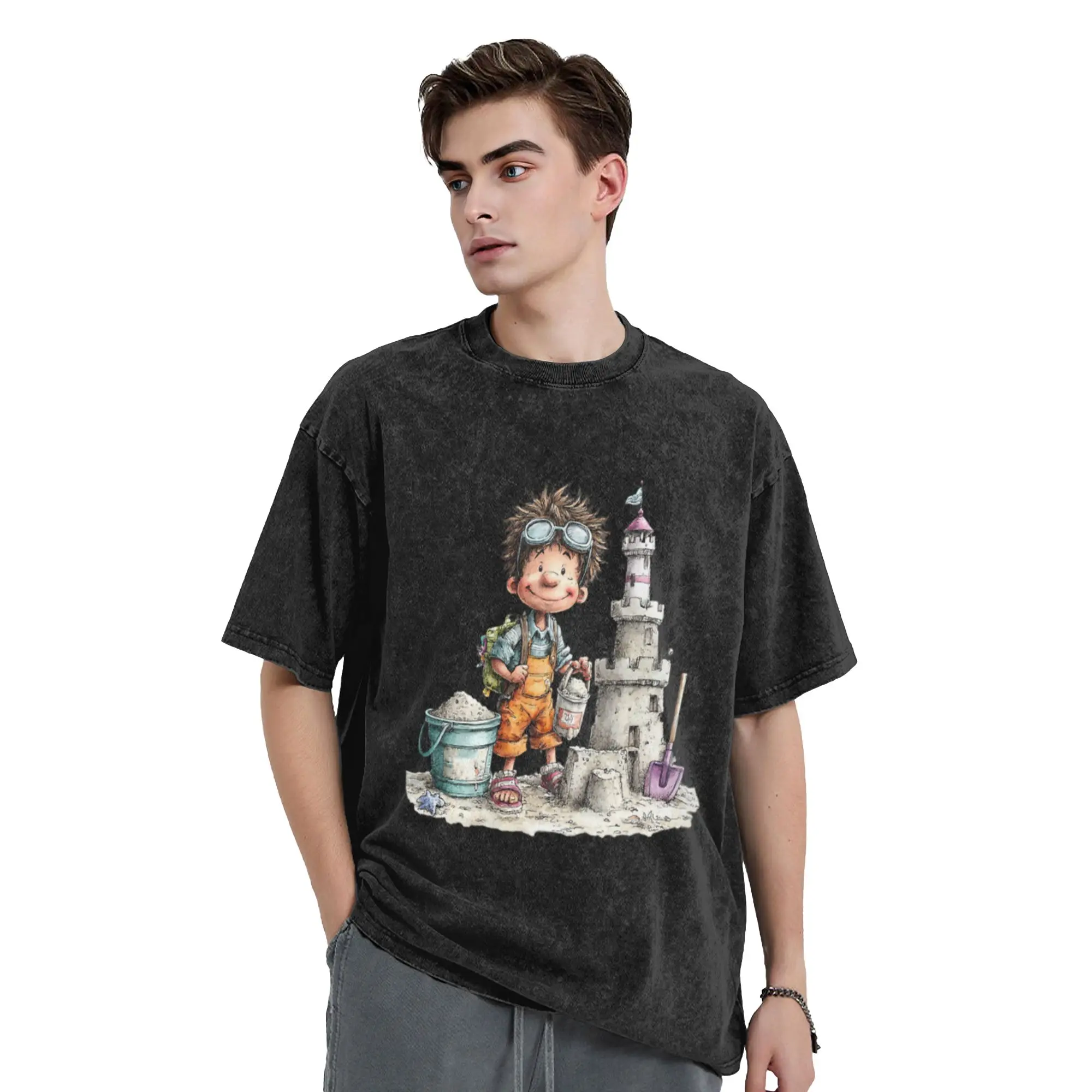 Cute boy making sandcastles - whimsical design Unique Cool A Washed T Shirt Men's Women's Oversized Cotton Tees Tops