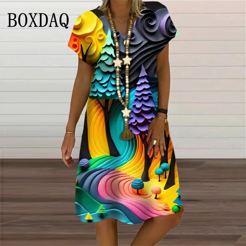 New Clothing 2023 Women Oversized Summer Dress Fashion Rainbow Tree Cartoon Print Dress Casual Party Short Sleeve A-Line Dresses