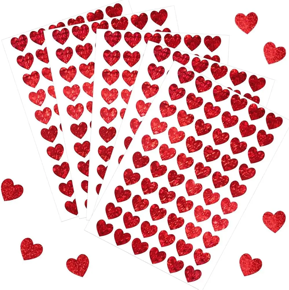 10 Sheets Heart-Shaped Stickers for Children - Red Holographic Glittering Little Heart-Shaped Decals, Sparkly Self-Adhesive