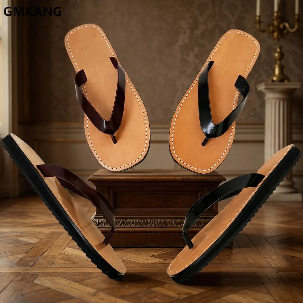 Leather Flip Flops for Women Summer Flat Sandals, French Minimalist Thong Toe Post Slides, Cushioned Insole, Non-Slip