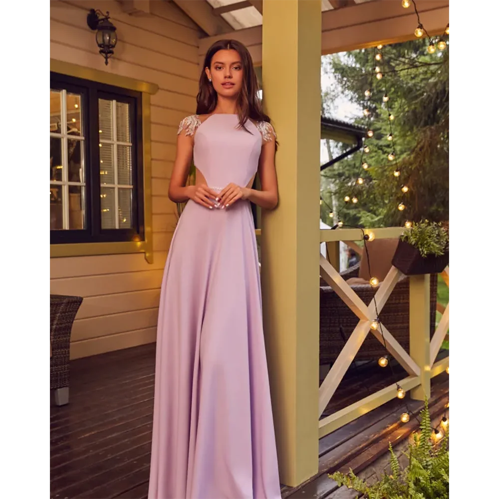 

Fashion Prom Dresses Capped Sleeve Satin A Line Evening Gowns Custom Made Hollow Back Floor Length Special Ocn Dress