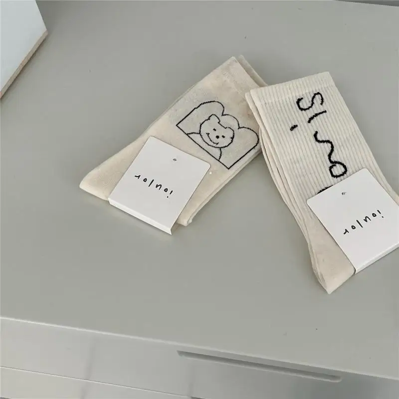 New Black and White Line Sketch Alphabet Socks Ins Cute Japanese Illustration High Elastic Mid Tube Socks