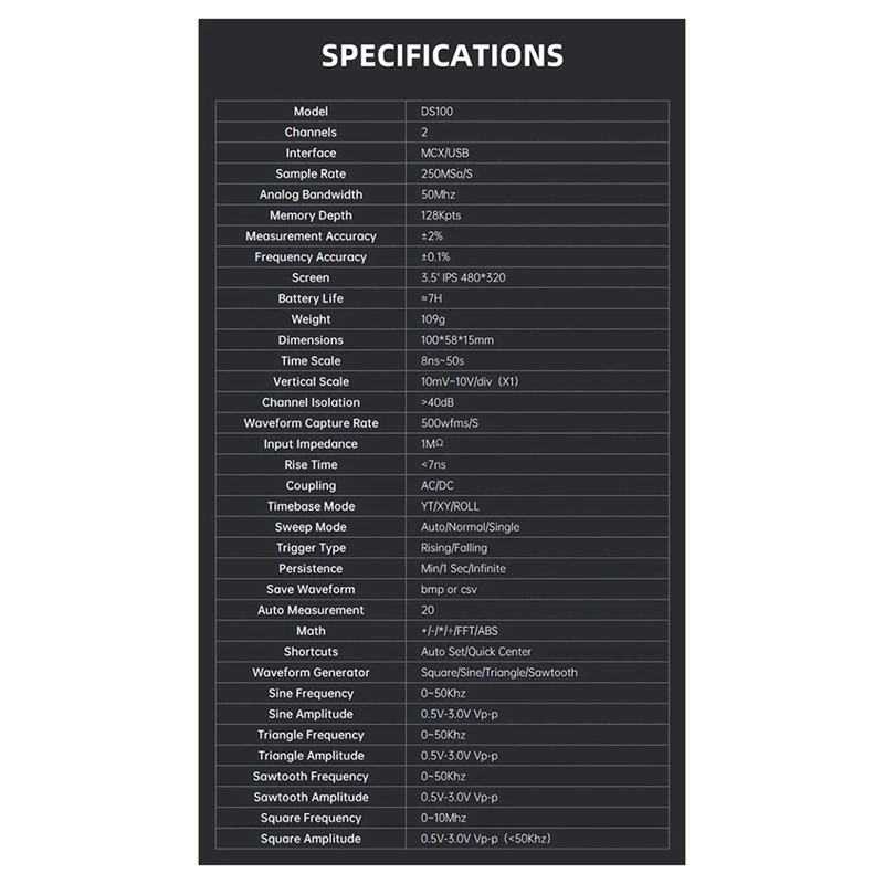 A21Q -ALIENTEK DS100 휴대용 디지털 오실로스코프 듀얼 채널 미니 소형 휴대용 악기 자동 수리 50M