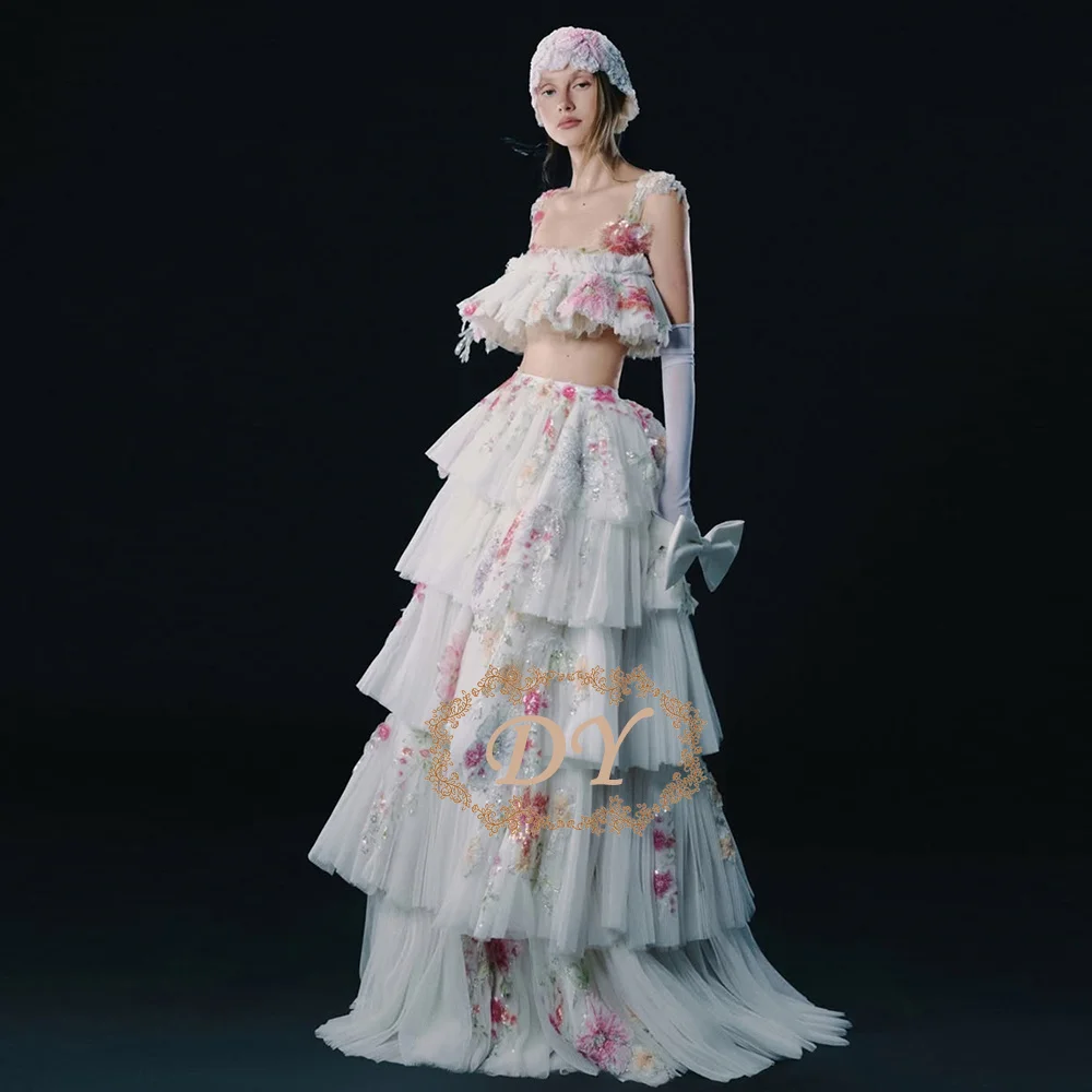 DY Luxury Floral A-Line Wedding Dress 2PCS Muti-Layer Tulle Princess Appliques Bridal Gown Customized Robe De Marige