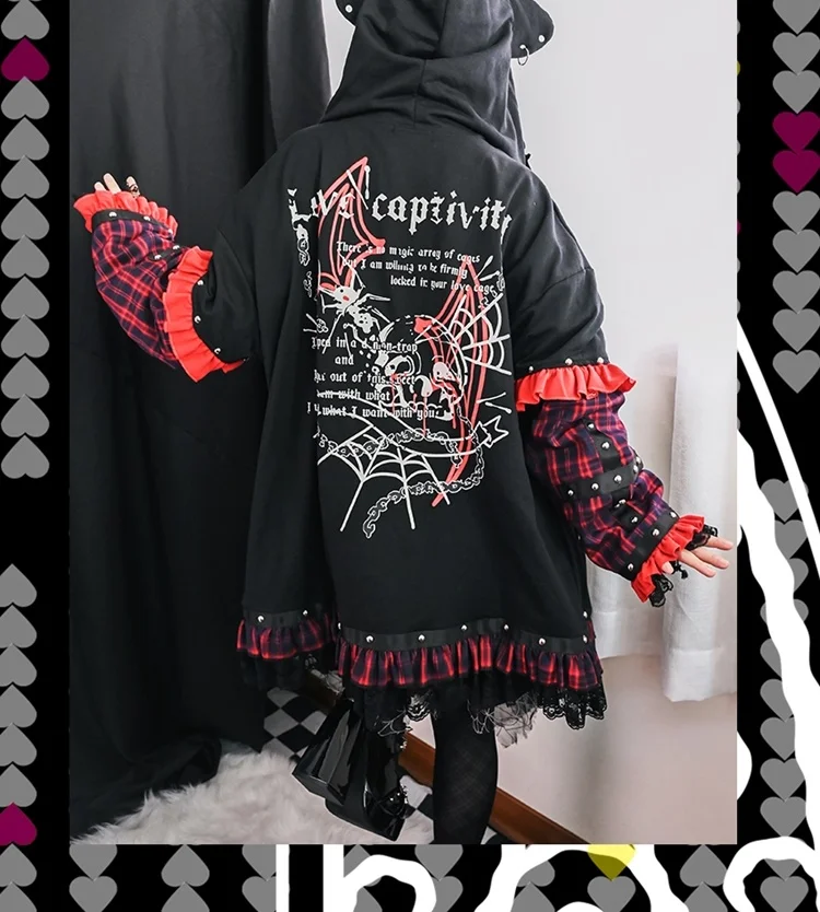 Imagem -03 - Punk Estilo Rebite Babados Xadrez Cruz Pendurado Orelha com Capuz Cabolsa Primavera e Outono Feminino Y2k Zipper Hoodie Original