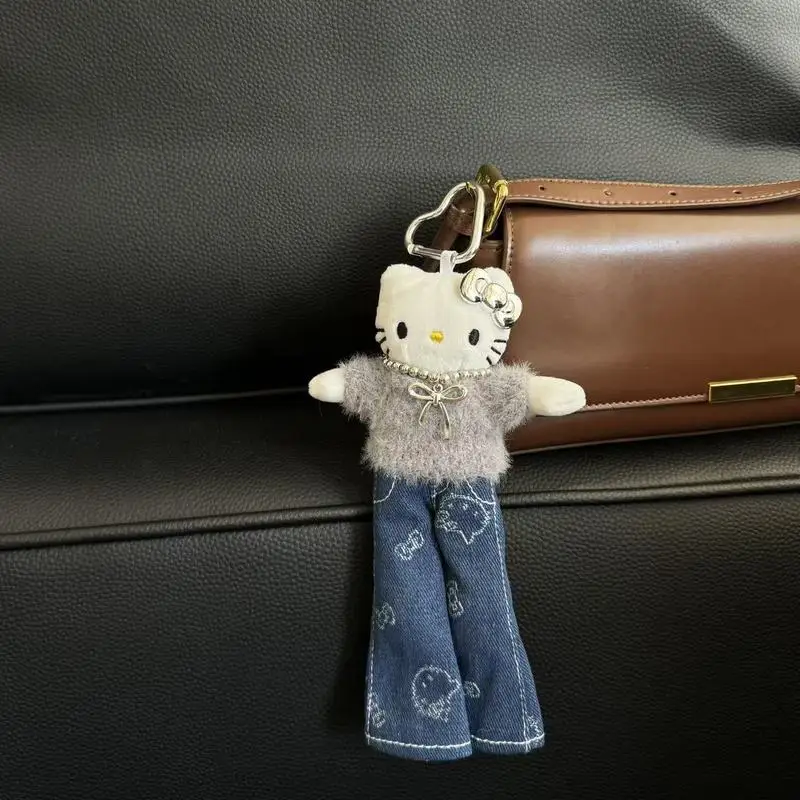 

13CM Anime Cartoon Hello Kitty Black Leather Long Legs Dress Up Plush Doll Pendant Kawaii Keychain Cute Accessories Holiday Gift