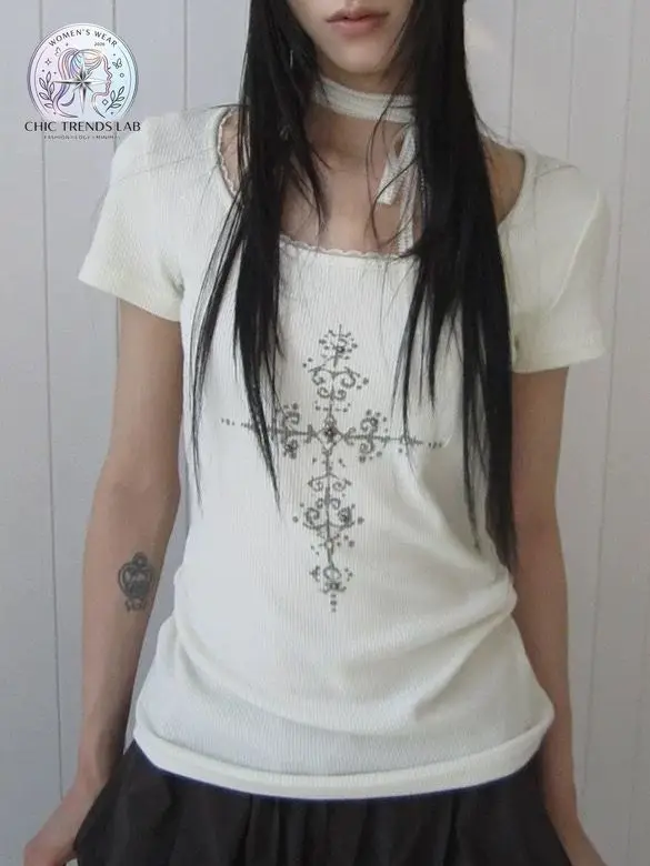 Y2K Gothic Cross Graphic T Shirt Women Layered Baby Tee Aesthetic Vintage Fairy Grunge Aesthetic Lace Trim Fake Short Sleeve
