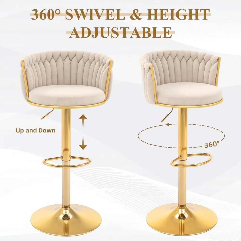 Gold Bar Stool Set of 4, Velvet Swivel Barstools, Height Adjustable Counter Stools with Woven Backrest, Upholstered Modern image 4