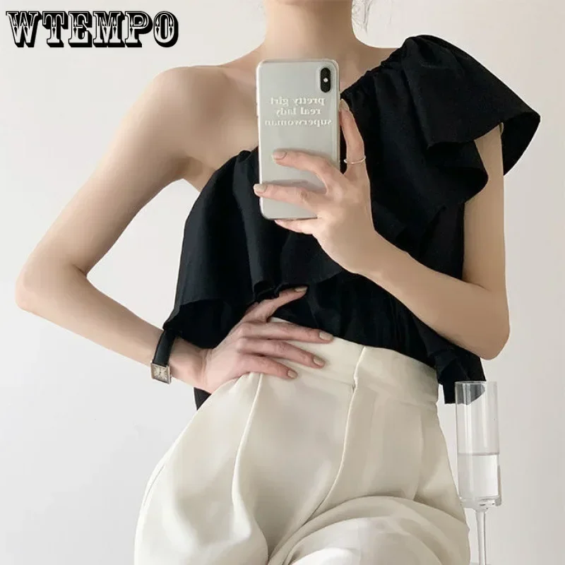 Women Shirts Blouses Sexy Bare Shoulder Sleeveless Top Summer Solid Shirt Lotus Neckline Elegant Pleated Blouse Fashion Y2K Tops