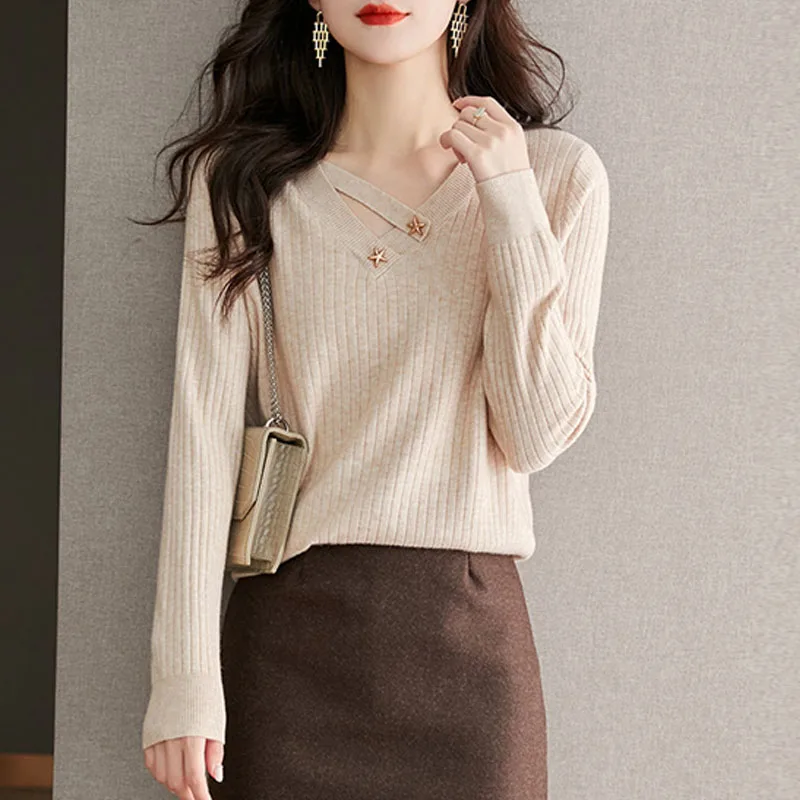 

Вязаный свитер, женские пуловеры Sueter Feminino, черный вязаный свитер с v-образным вырезом, пуловер, женские топы, модные свитера с длинными рукавами Q2789