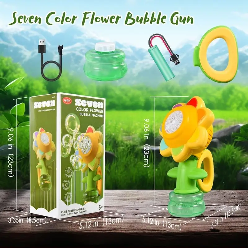 Pistolet à bulles Rechargeable tournesol portatif, jouet amusant, Machine à bulles pivotante LED, jeu sensoriel d'extérieur pour enfants, cadeau de voyage d'anniversaire