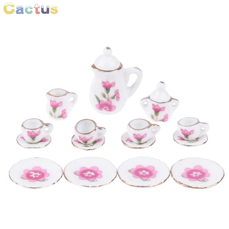 15Pcs/set 1:12 Dollhouse Miniature Ceramic Tea Set Cup Kettle Tray Flower Tableware Kitchen Decor Toy Doll House Accessories