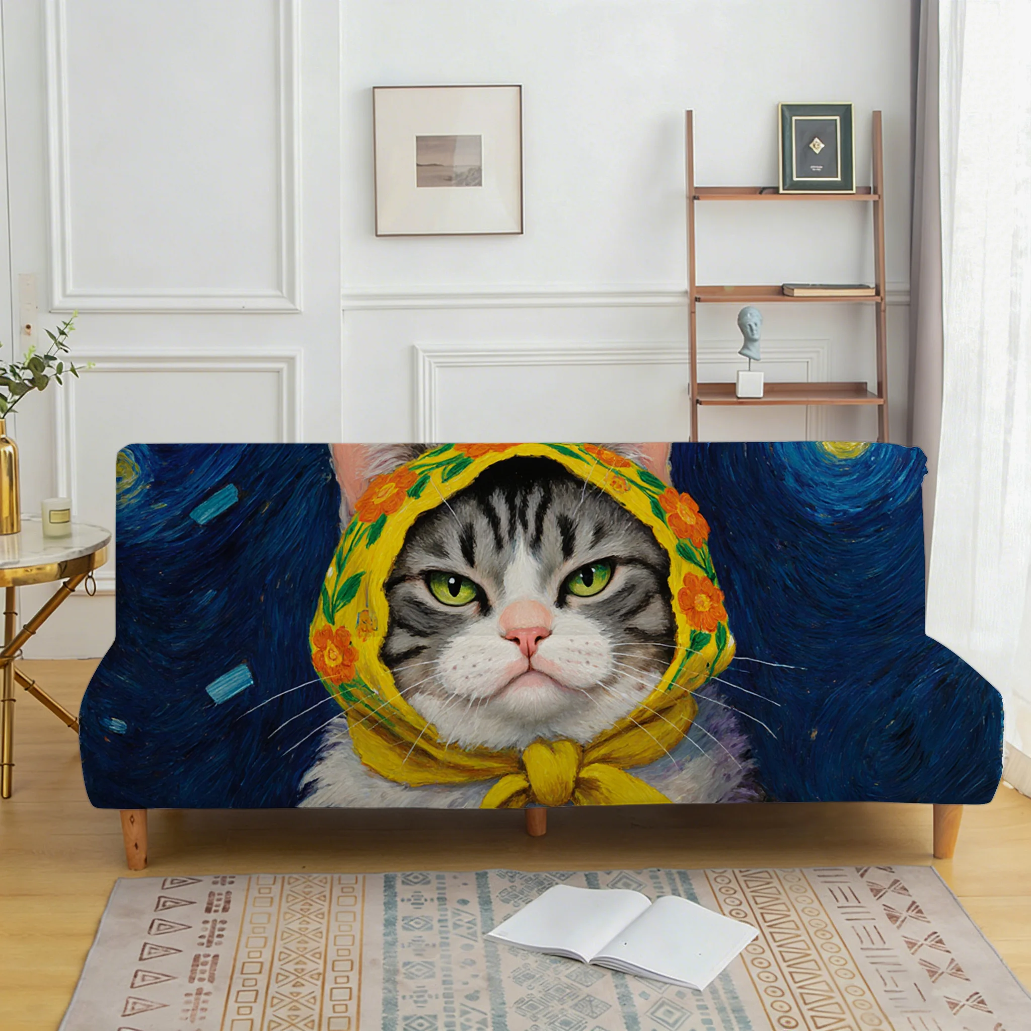 

Забавный чехол для дивана с рисунком кошки в платке, выполненный в технике масляной живописи, пылезащитный, эластичный, универсальный, можно стирать в машине.