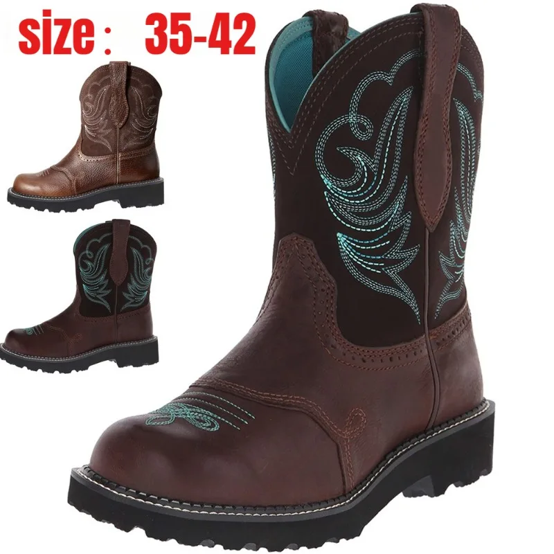 

Ladies Motorcycle Boots Embroidered Western Cowgirl Boots Thick Heel Leather Boots Size 35-42