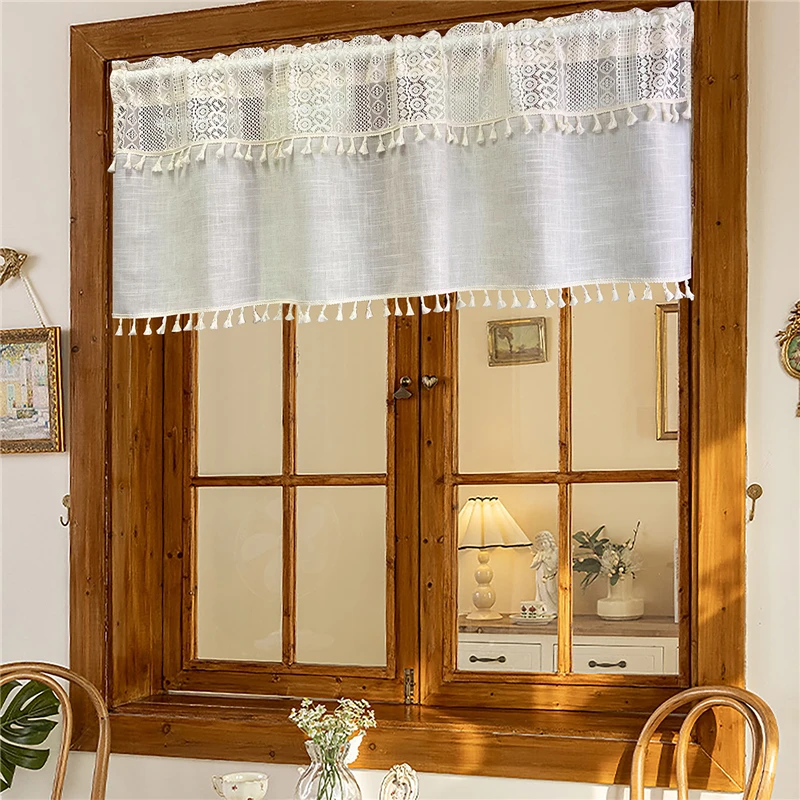 Bohemia Lace Sheer Panel Splicing Cotton and Linen Cloth Semi-Blackout Cafe Curtain For Kitchen Door Small Window Home Decor