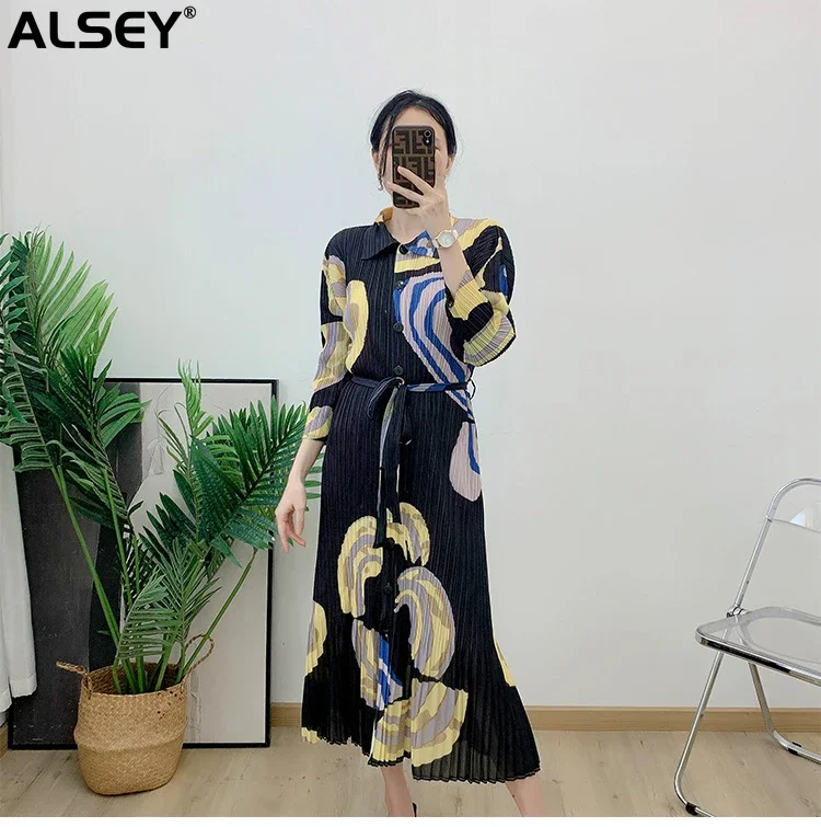 

ALSEY Miyake Pleated Casual Formal Dress Turndown Collar Full Sleeves with Belt Evening Dresses Elegant Women's Clothing