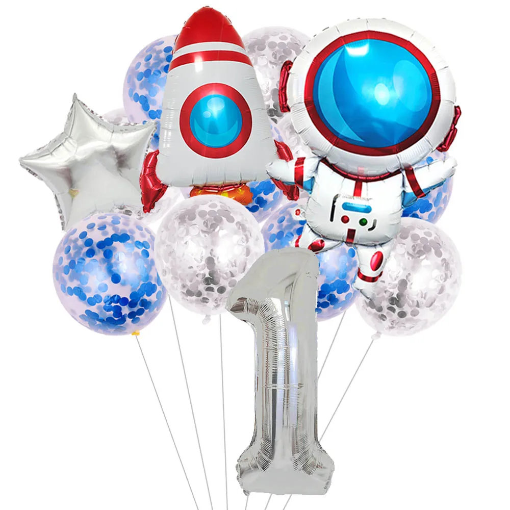 14pcs Space Theme Astronaut Rocket 32inch Blue Number Balloon Set Kids Outer Space Theme 1th Birthday Party Decoration Supplies