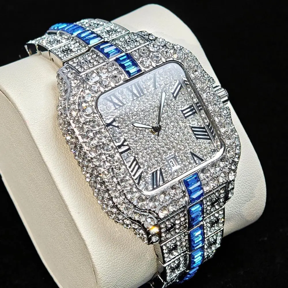 Fashion Watch For Men Brand UNIGUET Luxury Square Iced Out Quartz Watch Man Hip Hop Blue Diamond Jewelry Wristwatch Reloj Hombre