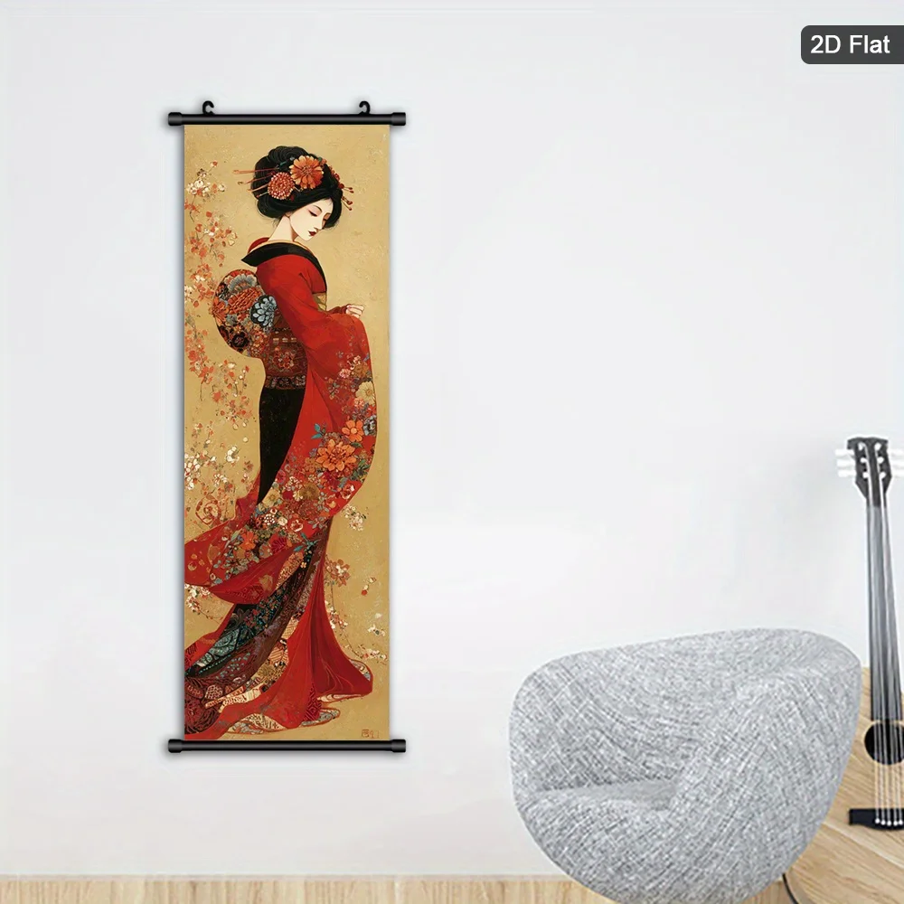 Asian Scroll Wall Art Painting Framed Canvas Vertical Decor for Living Room Bedroom Office Hanging Picture Home Decoration