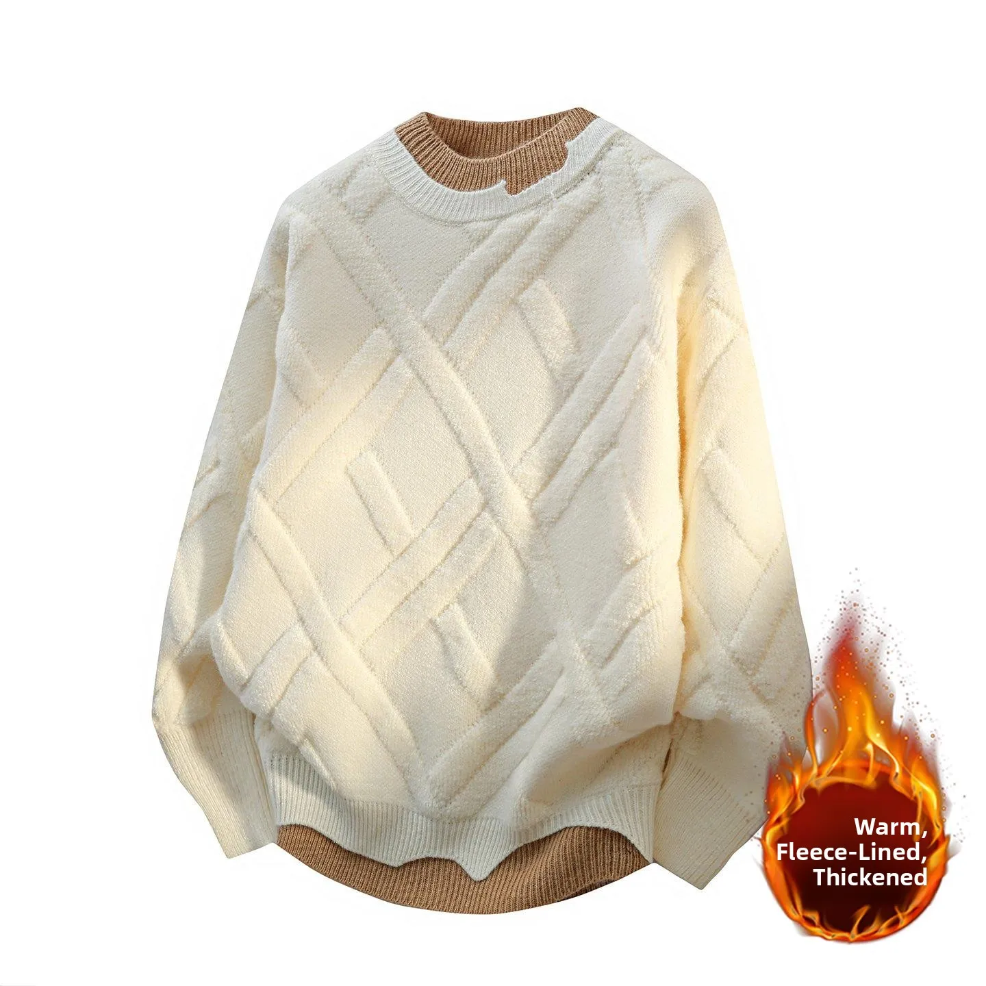 

Мужской утепленный вязаный свитер с круглым вырезом на флисовой подкладке, зимний теплый повседневный шерстяной трикотаж с геометрическим узором, базовый слой