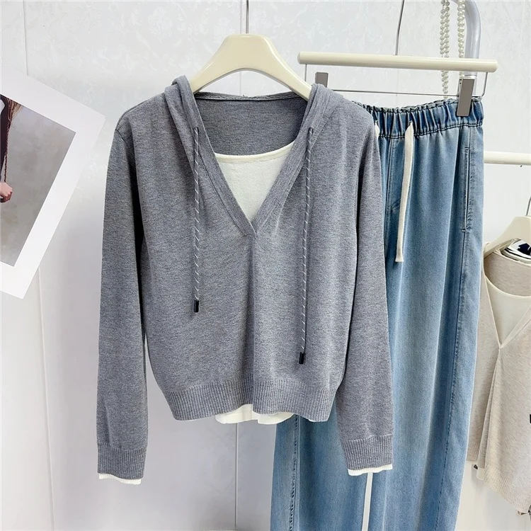 Casual Sle Farbe Blo Gestreiften Kapuzen Gestrickte Pullover frauen Lose Fit ort Top Faionable Herbst Neue Ankunft