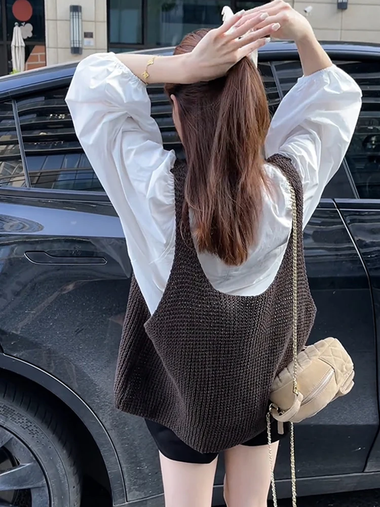 

Loose Fit Long Sve Knitted irt Women's round Ne Layering Top Casual Sle Pure Color Versatile Slimming Vest for Sprin...