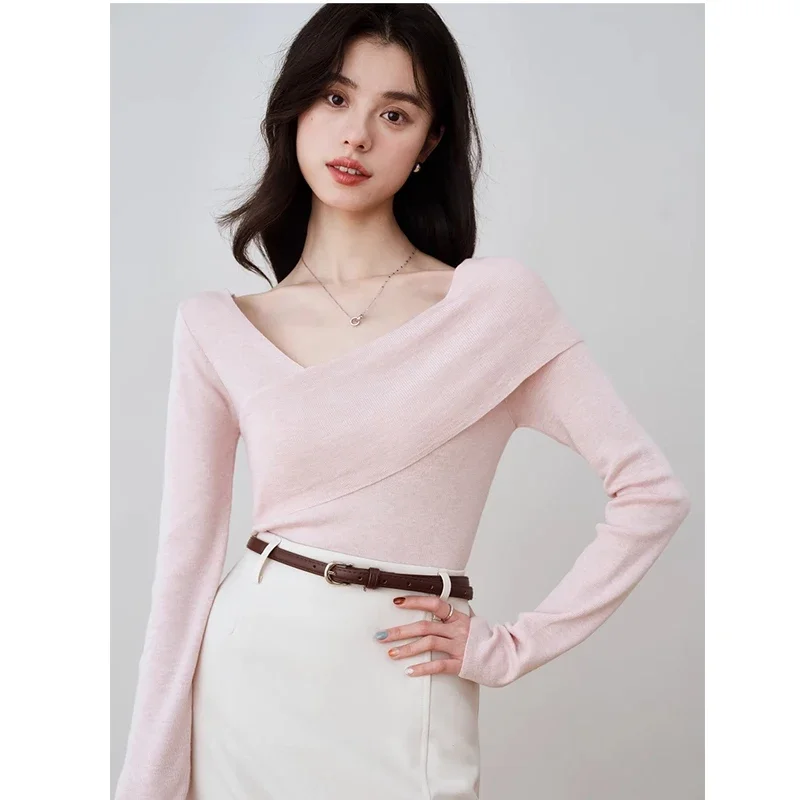 R0n 24SS maglione lavorato a maglia sottile moda donna maglione pendolare con scollo a V bianco Y2k top Pullover donna stile coreano Tarf Streetwear