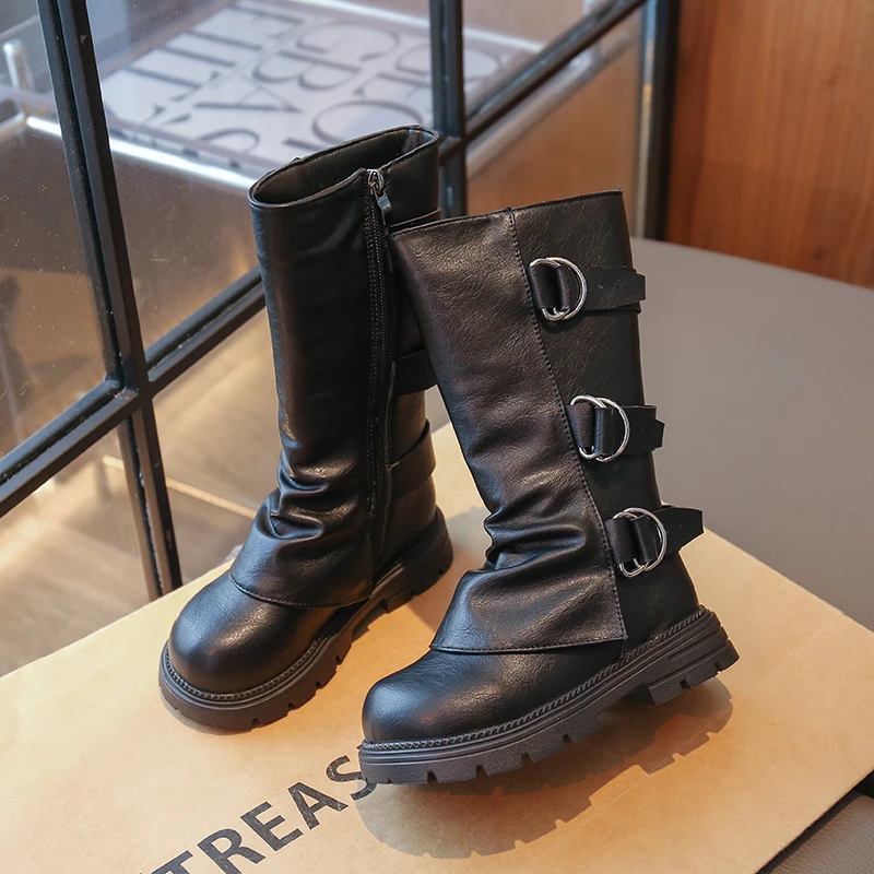 Girls' Mid-calf Boots, Fashionable Children's Boots, 2025 Winter New Children's Catwalk Style Leather Boots, Simple Thick Soles