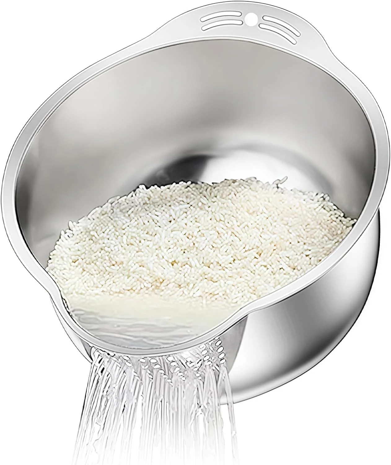 Rice Washer Strainer Bowl Stainless Steel Colander With Side Drainer | Ideal For Soaking, Washing, Cleaning, And Rinsing Rice, Fruits, Vegetables & Beans, Versatile Kitchen Tool