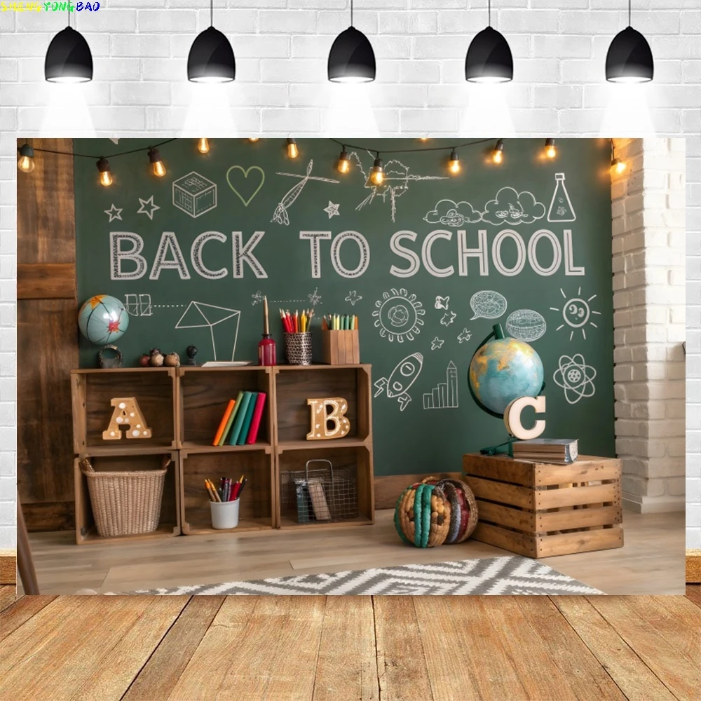 

Back To School Background World Globe Bookshelf Black Board Kids Birthday Party Photography Backdrops Decor Studio Props Banner