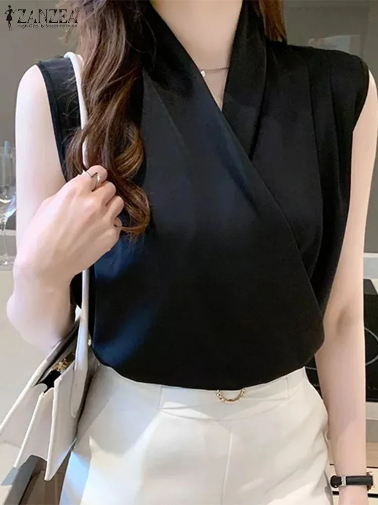 Elegant  V Neck Sleeveless Satin Blouse 2024 ZANZEA Summer Women Office Work Tops Female Casual Solid Pleated Shirt Blusas Mujer