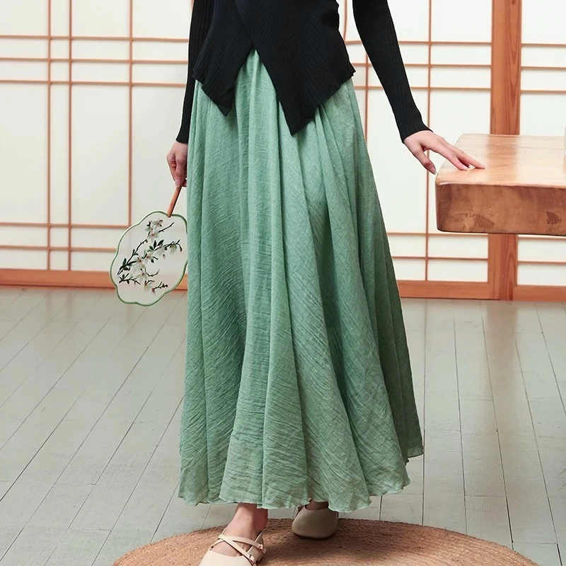Falda larga fluida de cintura alta para mujer, falda informal bohemia de mezcla de algodón y lino, color Beige claro, elegante, con cintura elástica, primavera 2025