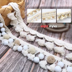 1 Yard White Cotton Tassel Lace Trim Webbing Fabric Handmade Beaded Ball Diy Curtain Clothing Decor Sewing Craft Accessory