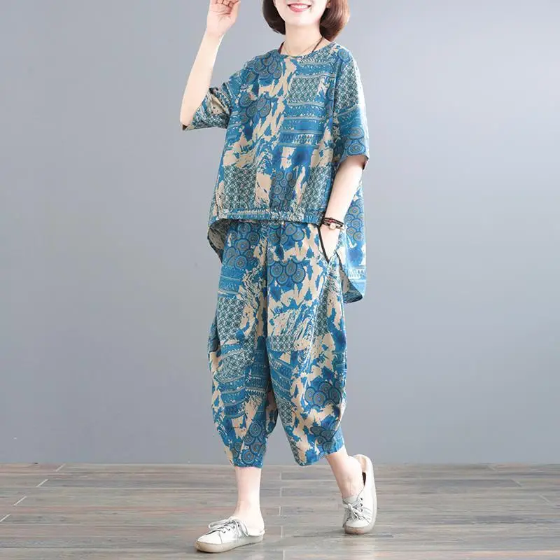 

Summer 2025 Oversized Women Clothing Vintage Cotton Two-piece Suit Ladies Fashion Korean Loose Harem Loose Waist Printing Sets