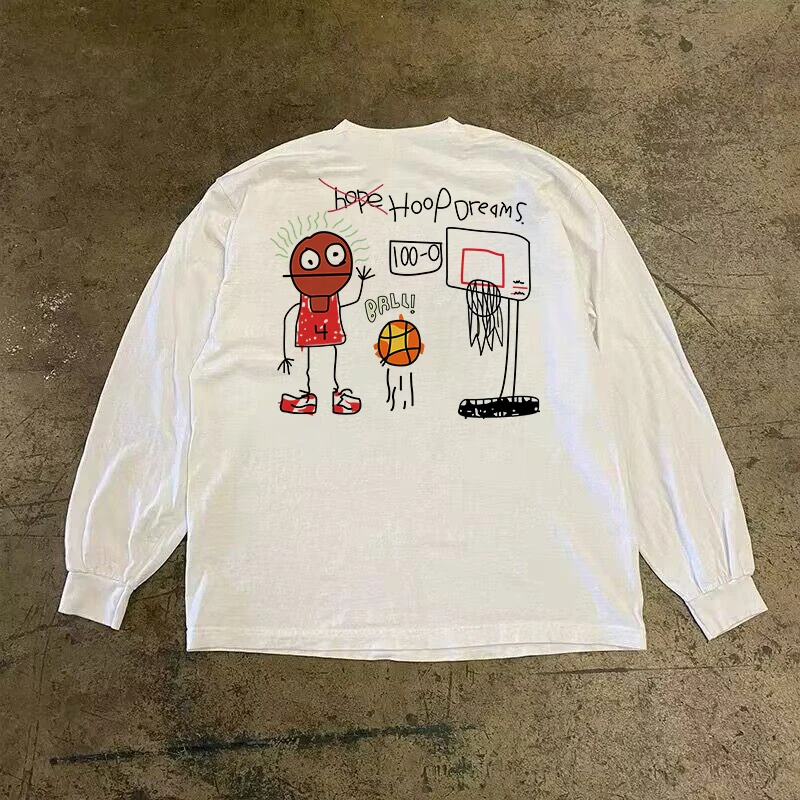 キュートでゆったりとしたアメリカンレトロスタイルのルーズフィット長袖tシャツ、カップルお揃い、メンズ・レディース服、2025年春ファッションアクセサリー