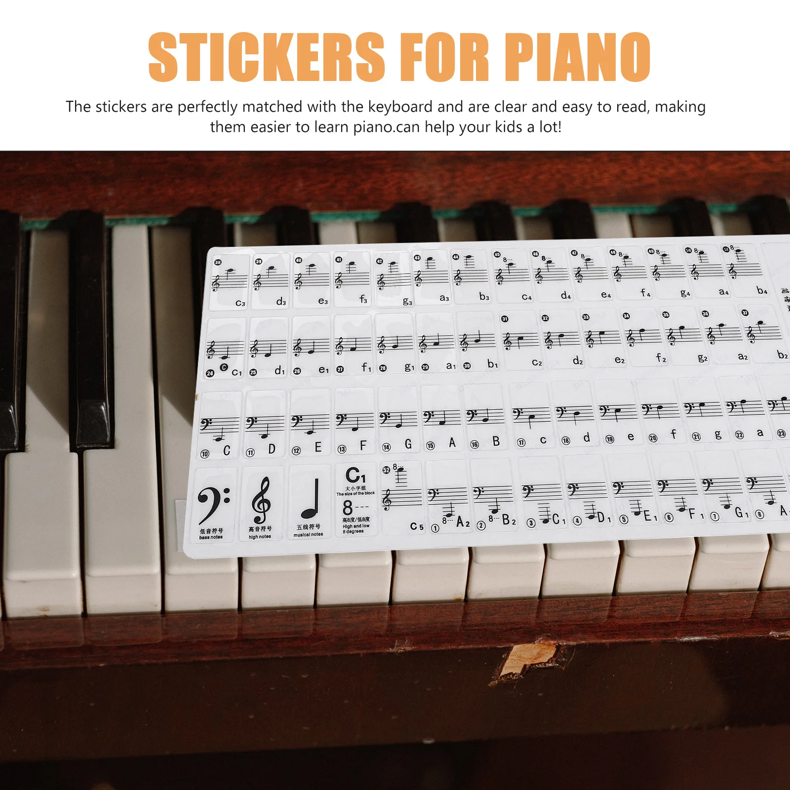 

1 Sheet Beginner Piano Stickers Adhesive Keyboard Introductory Clear Decals Learning Tool for Piano Kids Keyboards Sticker