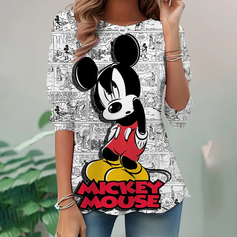 New Large Women's Long Sleeve Round Neck T-shirt Disney Mickey Mouse Loose Casual Fashion Street Women's Top