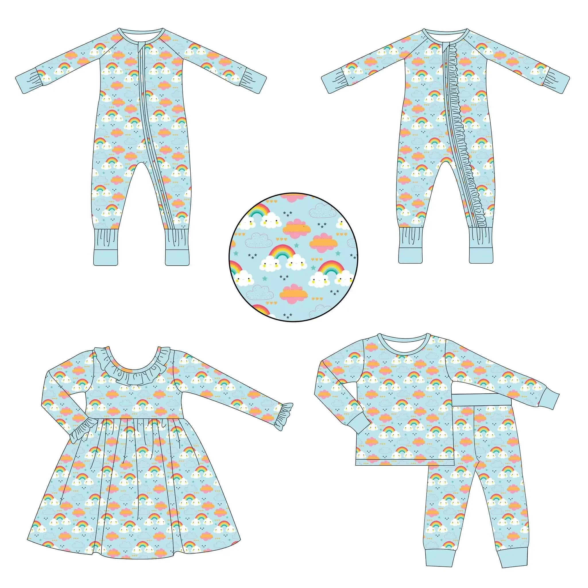 

Boutique baby clothes wholesale rainbow cloud pattern long-sleeved set dress jumpsuit toddler girl clothes boy clothes