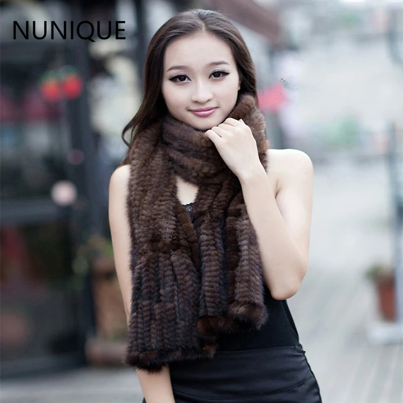 NUNIQUE hot sale long winter warm real natural mink fur scarf real mink fur shawl women fashion knitted real mink fur scarf